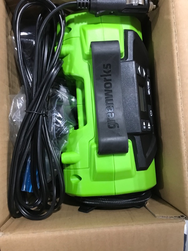 Photo 3 of Greenworks 24V Portable Air Compressor - Cordless Tire Inflator, MAX 160 PSI, 2 Power Sources, Auto Shut Off, for Car, Bicycle, Motorcycle, Air Boat, Inflatables, with 2AH battery + charger
