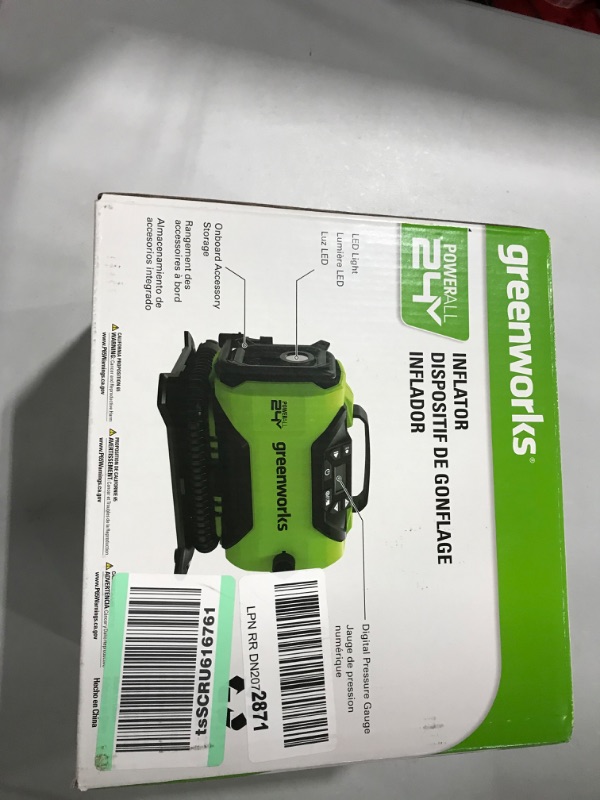 Photo 2 of Greenworks 24V Portable Air Compressor - Cordless Tire Inflator, MAX 160 PSI, 2 Power Sources, Auto Shut Off, for Car, Bicycle, Motorcycle, Air Boat, Inflatables, with 2AH battery + charger
