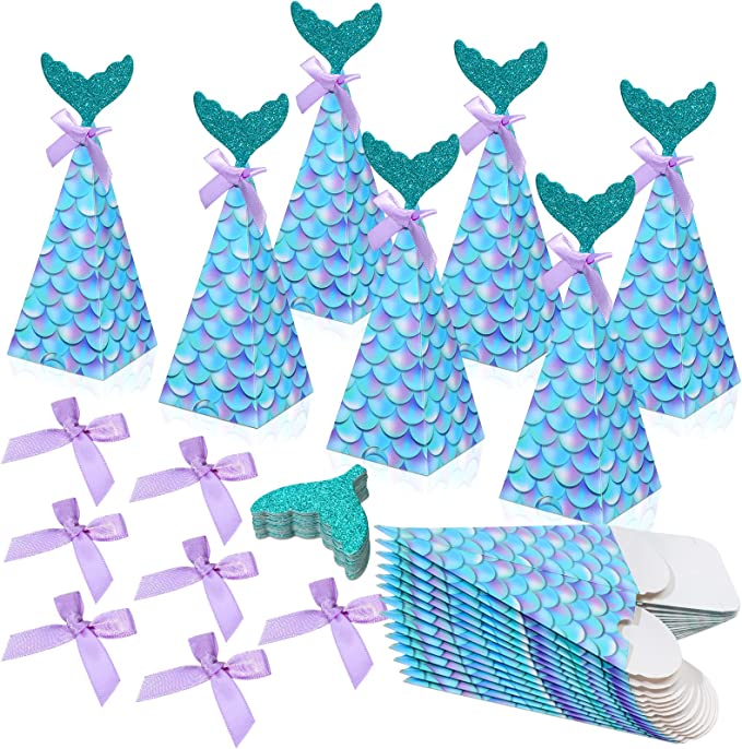 Photo 1 of 80 Pcs Mermaid Party Boxes Favors Cone Mermaid Gift Boxes with Glitter Tail and Purple Bow Mermaid Party Favors Paper Mermaid Candy Box for Girl Under the Sea Baby Shower Decorations Birthday Supplies
