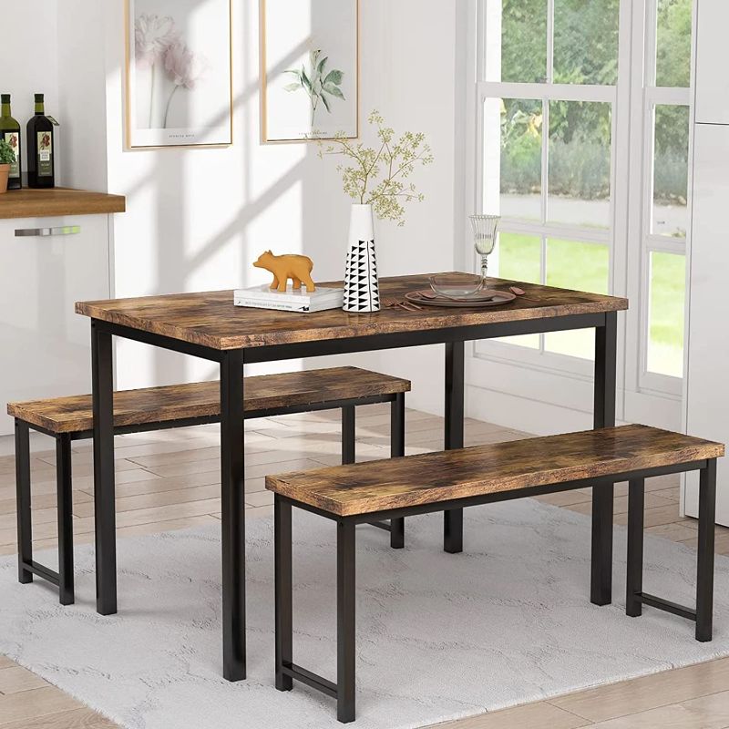 Photo 1 of ****PARTS ONLY*****DKLGG Dining Table Set for 4, Dinner Table and Chairs for 2-4, Bench Dining Table Set with Metal Frame, Kitchen Table with 2 Benches Space-Saving Furniture for Small Space, Restaurant (Rustic Brown)
