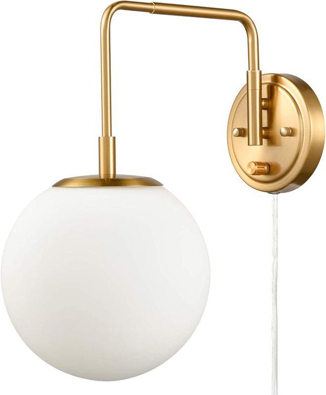 Photo 1 of DAYCENT Modern Plug-in Wall Sconce Opal Glass Globe Swing Arm Brass Wall Sconce with On/Off Switch