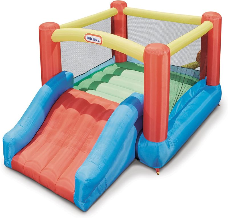 Photo 1 of Little Tikes Jump 'n Slide Bouncer with Arched Canopy Overhead Cover, Plus Heavy Duty Blower, Stakes, Repair Patches, and Storage Bag |3-Kid Capacity, Ages 3-8 Years