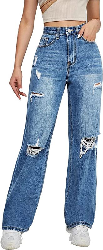 Photo 1 of Genleck Ripped Boyfriends Jeans for Women Casual High Waist Baggy Denim Pants Loose Wide Leg Straight Trousers Size XXL