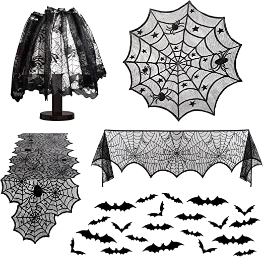 Photo 1 of 5 Pack Halloween Spider Decor Sets, Halloween Lace Table Runner, Round Lace Table Cover, Cobweb Lampshade, Fireplace Mantel Scarf, 60pcs Scary 3D Bat Wall Stickers for Halloween Party Decorations
