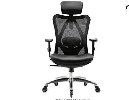 Photo 1 of XUER Ergonomic Office Chair, Mesh Computer Desk Chair with Adjustable Sponge Lumbar Support, Thick Cushion, PU Armrest and Headrest, High Back Swivel Home Office Task Chair for Work (Black)

