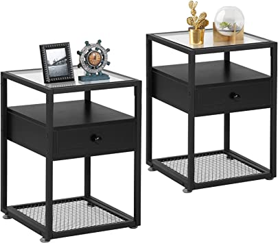 Photo 1 of VECELO End Side Table, Square Nightstand with Drawer for Living Room Bedroom Office Lounge, Set of 2, Tempered Glass, 2, Black
