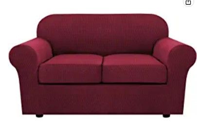 Photo 1 of 3 Piece Stretch Sofa Covers for 2 Cushion Loveseat Couch Covers for Living Room Sofa Slipcovers Furniture Cover (Base Cover Plus 2 Seat Cushion Covers) Thicker Jacquard Fabric(Medium Sofa, Burgundy)
