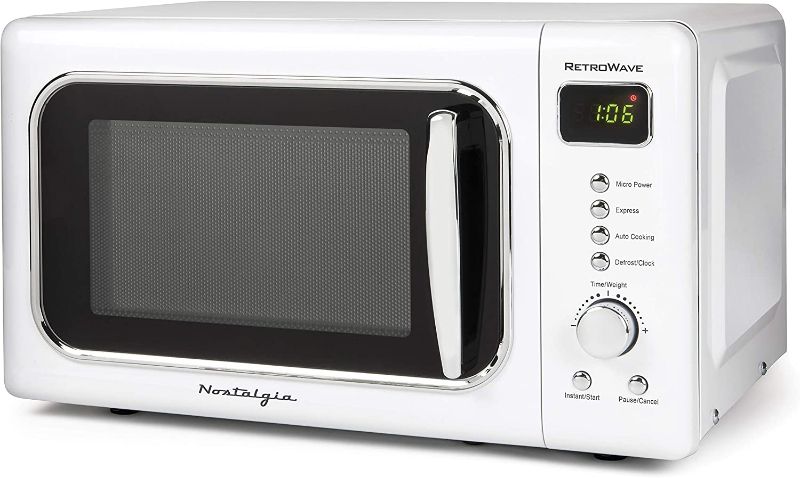 Photo 1 of Nostalgia Retro Compact Countertop Microwave Oven 0.7 Cu. Ft. 700-Watts with LED Digital Display, Child Lock, Easy Clean Interior, White
