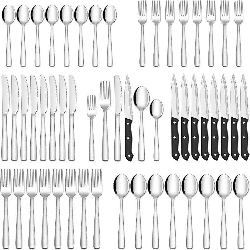 Photo 1 of 48-Piece Silverware Set with Steak Knives for 8, Stainless Steel Flatware Cutlery Set For Home Kitchen Restaurant Hotel, Kitchen Utensils Set, Mirror Polished, Dishwasher Safe