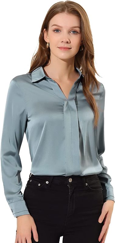 Photo 1 of Allegra K Women's Satin Blouse Elegant V Neck Long Sleeve Silky Office Work Shirt - XL