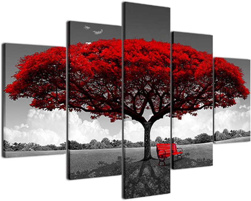 Photo 1 of 5 Pieces Canvas Wall Art Red Modern Forest Landscape Red Tree Art Painting Framed Canvas Wall Art for Living Room Bedroom Hotel Office wall decor Ready to hang 60"W x 30"H
