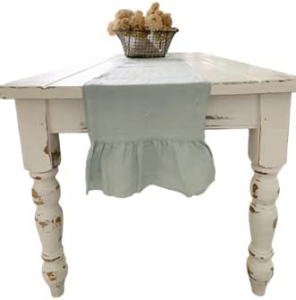 Photo 1 of 100% Pure Linen Table Runner, Ruffles, Shabby Chic and Farmhouse Decor (Duck Egg Blue)
