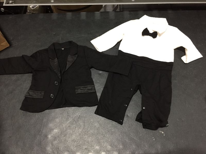 Photo 2 of Bilo Store Newborn Infant Baby Boys Tuxedo Bow Tie Jumpsuit Romper and Black Jacket 2-pc Formal Wear Suit