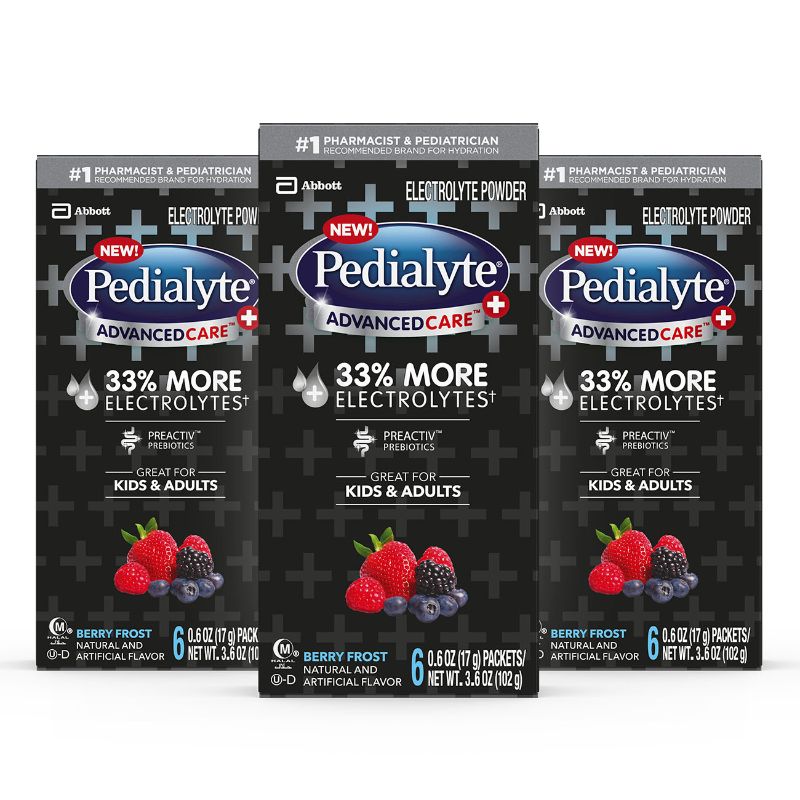 Photo 1 of Pedialyte AdvancedCare Plus Electrolyte Powder with 33% More Electrolytes and PreActiv Prebiotics Berry Frost Electrolyte Drink Powder Packets 0.6
