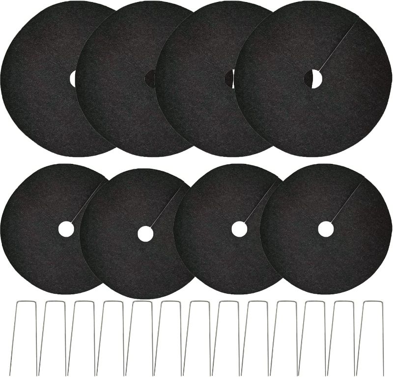 Photo 1 of 8 Pcs Tree Protection Weed Mat,Non-Woven Tree Mulch Ring,Woven Degradable Landscape Weed Control Fabric with 15pcs U-Shaped Ground Nails for Weed Control Root Protection (12.6",16.6")
