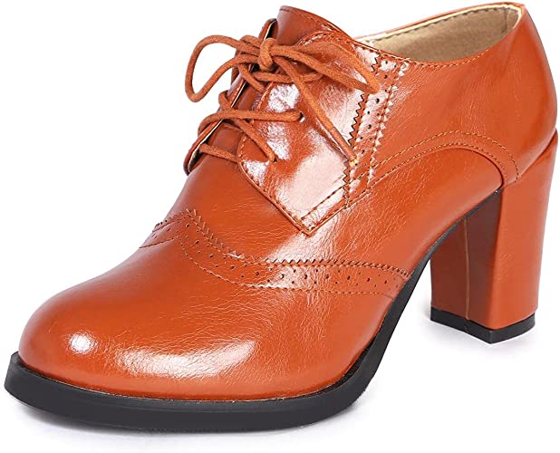 Photo 1 of Odema Womens PU Leather Oxfords Brogue Wingtip Lace Up Dress Shoes Chunky High Heels Pumps Oxfords
