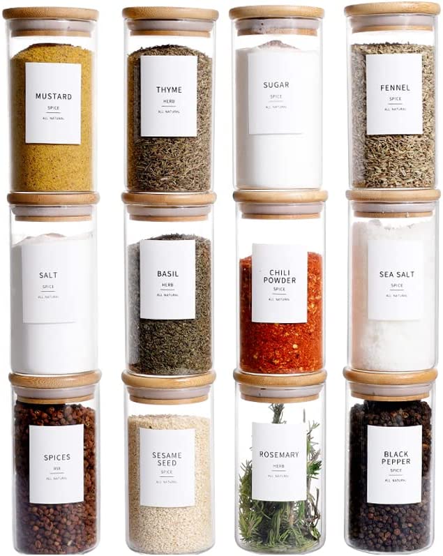 Photo 1 of 12 Pcs Glass Spice Jars With Bamboo Airtight Lids - 8oz Thicken(2.4mm) Spice Containers With 148 Minimalist Preprinted Waterproof Spice Labels - Kitchen Empty Small Storage Jars For Seasoning, Herb Storage and Organization
