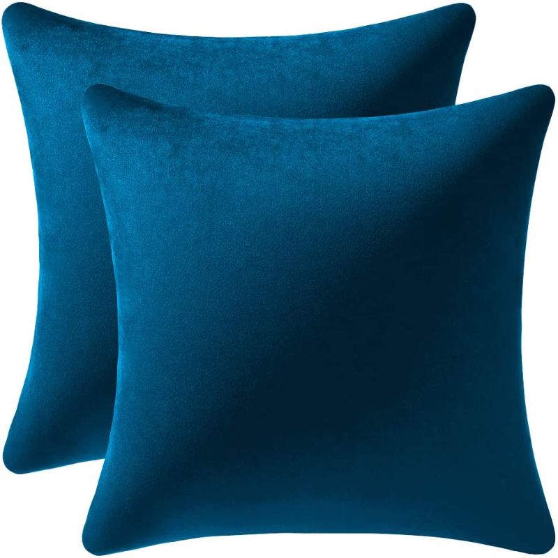 Photo 1 of Blue Throw Pillow Covers 2 Pack 18 x 18 Inch Cozy Soft Velvet Square Decorative Pillow Cases, Lumbar Toss Pillow Shams, Euro Cushion Covers for Farmhouse, Couch, Sofa, Bed