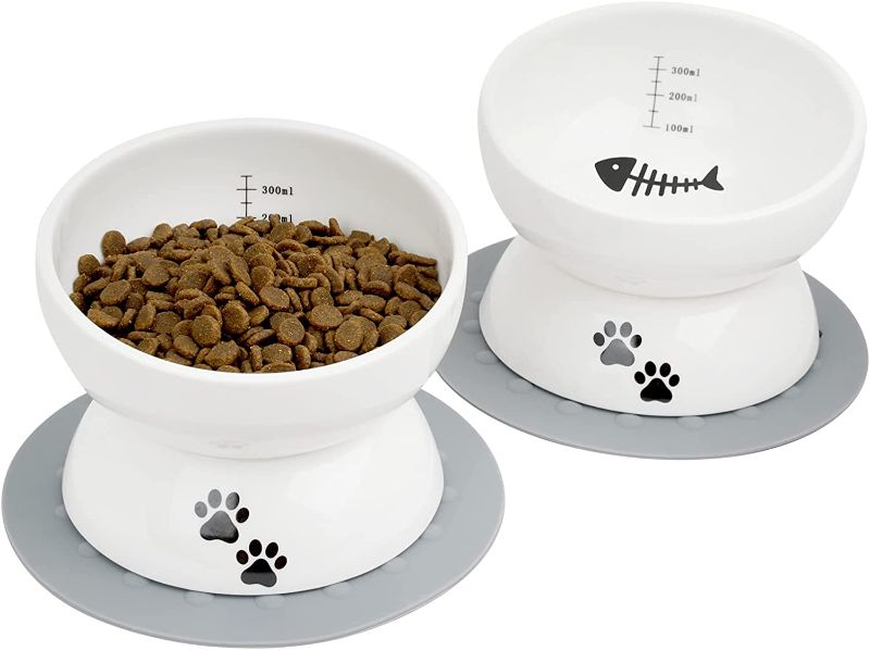 Photo 1 of ((Two Piece)) Pet Bowl,Raised Cat Food Bowls Anti Vomiting,Tilted Elevated Cat Water Bowl,Ceramic Pet Food Bowl for Flat-Faced Cats,Small Dogs,Protect Pet's Spine,Dishwasher Safe

