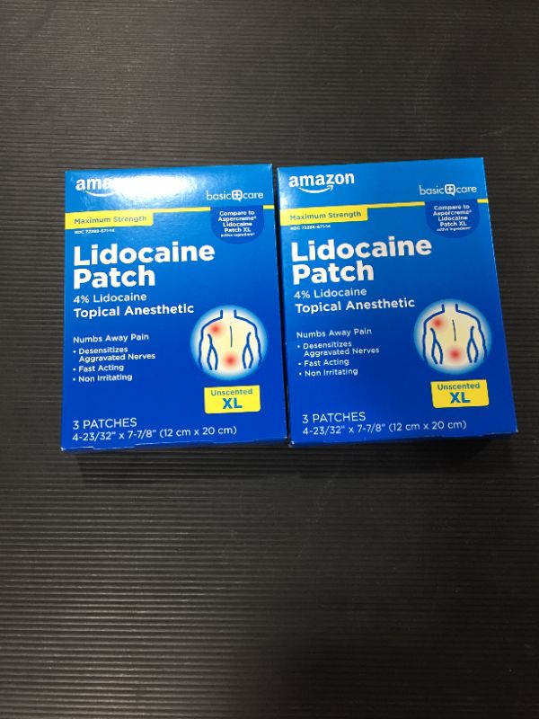 Photo 2 of Amazon Basic Care Lidocaine Patch, 4% Topical Anesthetic, 12 cm x 20 cm, Maximum Strength Pain Relief Patch, Fragrance Free, 3 Count - 2 PACK.
