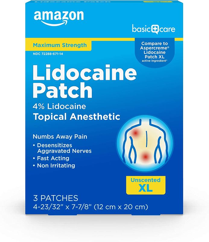 Photo 1 of Amazon Basic Care Lidocaine Patch, 4% Topical Anesthetic, 12 cm x 20 cm, Maximum Strength Pain Relief Patch, Fragrance Free, 3 Count - 2 PACK.
