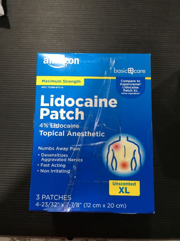 Photo 2 of Amazon Basic Care Lidocaine Patch, 4% Topical Anesthetic, 12 cm x 20 cm, Maximum Strength Pain Relief Patch, Fragrance Free, 3 Count, 3 PACK 
