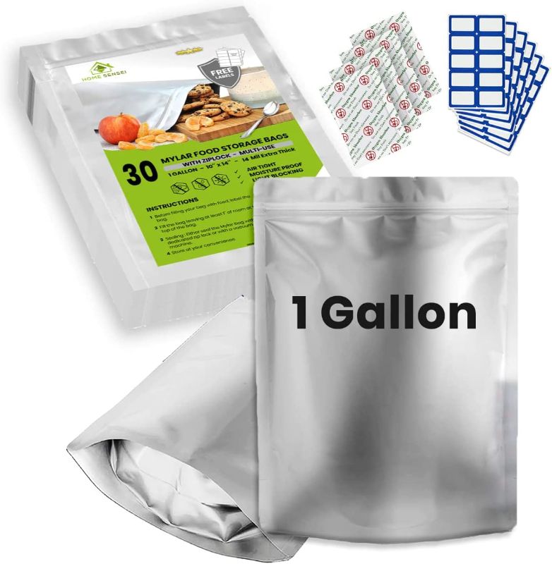 Photo 1 of 30pcs Mylar Bags for Food Storage with Oxygen Absorbers - Extra Thick 14.8 Mil - 1 Gallon Ziplock Resealable Mylar Bags with Oxygen Absorbers 400cc- Bolsas Mylar con absorbentes - Mylar Bag 1 Gallon
