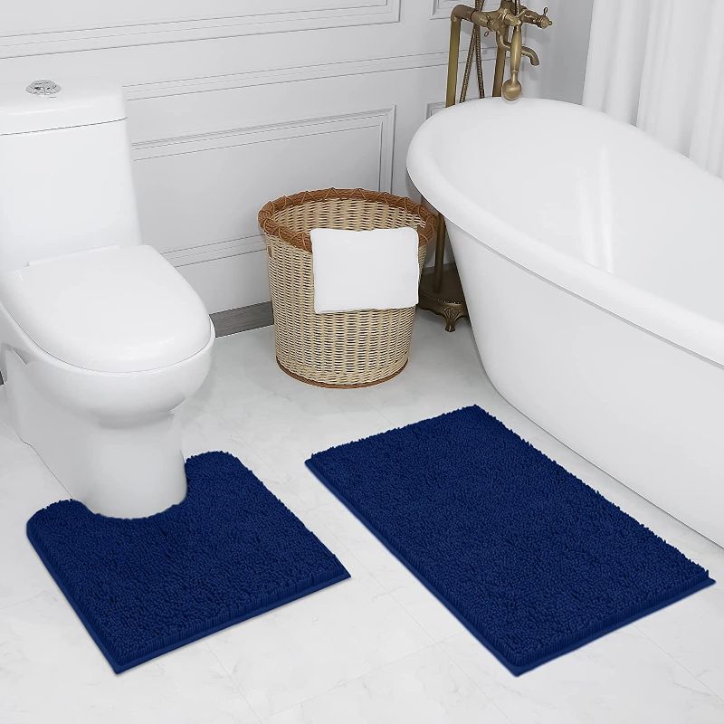 Photo 1 of 2pc Non-Slip Shaggy Chenille Bathroom Mat Set, Includes 20 x 20 Inches Toilet Contour Rug and 32 x 20 Inches Bathmat, Water Absorbent Carpet, Navy Blue
