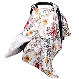 Photo 1 of Floral Baby Car Seat Canopy Soft Minky Plush Dotted Backing Baby Car Seat Cover Girls, Infant Carseat Canopy, Stretchy Multi- use Nursing Cover for Stroller/High Chair/Shopping Cart/Car Seat Canopies (B09GLMKD45)
