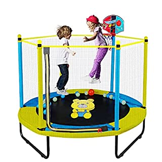 Photo 1 of 60" Trampoline for Kids, 5FT Indoor Outdoor Trampoline with Enclosure Net, Mini Baby Toddler Trampoline with Basketball Hoop, Recreational Trampolines Birthday Gifts for Children?Yellow? (B091BSVZWJ)
