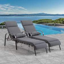 Photo 1 of 2-Piece Adjustable Metal Outdoor Chaise Lounge with Dark Gray Cushion
