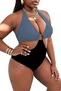 Photo 1 of B2prity Cutout Women's One Piece Swimsuits Colorblock Bathing Suits Halter Plunge V Neck Sexy High Waisted Swimwear (B09SLZ8JDV) Small
