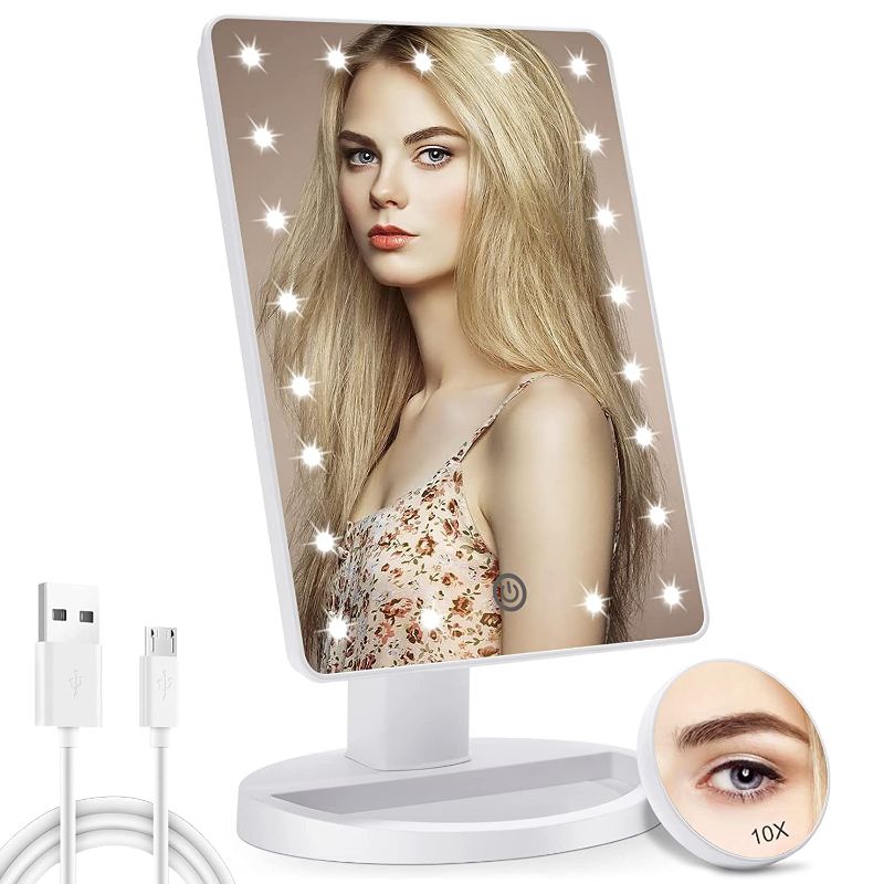 Photo 1 of COSMIRROR Lighted Makeup Vanity Mirror with 10X Magnifying Mirror, 21 LED Lighted Mirror with Touch Sensor Dimming, 180°Adjustable Rotation, Dual Power Supply, Portable Cosmetic Mirror (White)
