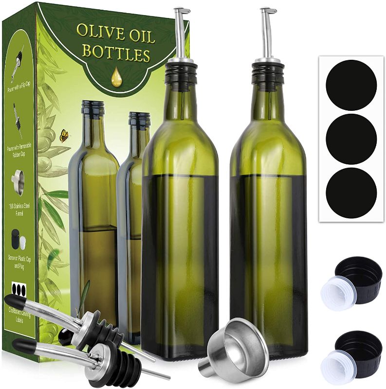 Photo 1 of 17 oz Glass Olive Oil Dispenser Bottle Set - 500ml Dark Green Oil & Vinegar Cruet Bottle with Pourers, Funnel and Labels - Olive Oil Carafe Decanter for Kitchen
