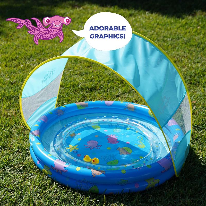 Photo 1 of SunSmart Lazy River Kiddie Pool - Inflatable Kids Pool with 2 Toy Ducks and Removable Sunshade Canopy - Light Blue with Sea Creatures
