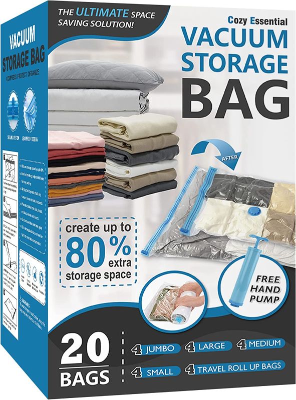 Photo 1 of 20 Pack Vacuum Storage Bags, Space Saver Bags (4 Jumbo/4 Large/4 Medium/4 Small/4 Roll) Compression Storage Bags for Comforters and Blankets, Vacuum Sealer Bags for Clothes Storage, Hand Pump Included
