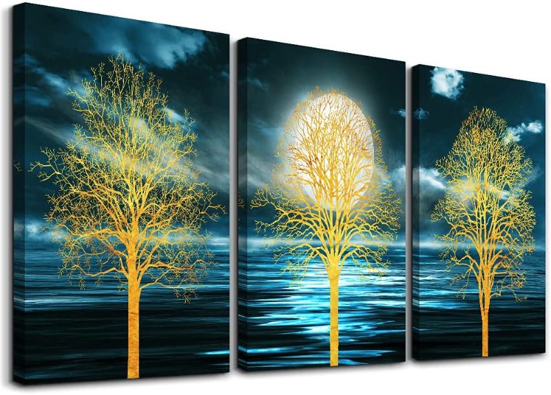 Photo 1 of 3 Piece Abstract Landscape Canvas Wall Art for Living Room Contemporary Golden Trees Picture Watercolor Prints Paintings Wall Decor for Bedroom Dining Room Office Kitchen Posters for Home Decorations
