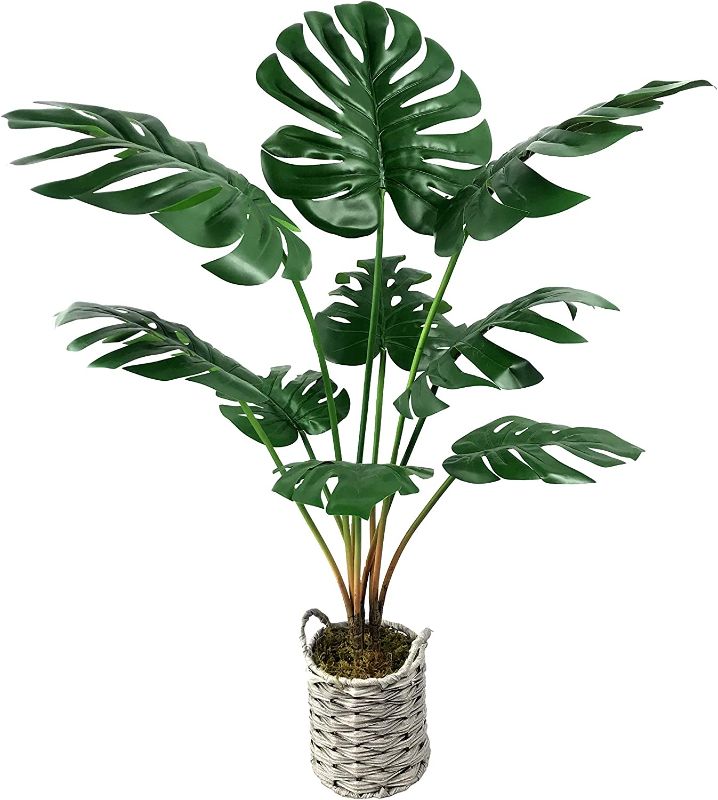 Photo 1 of Artificial Monstera Deliciosa Fake Plants 34" Tropical Realistic Faux Plants ,Faux Palm Plants Tree Décor Indoor Outdoor Perfect Swiss Cheese Plants 9 Leaves for Home Office -1 Pack
