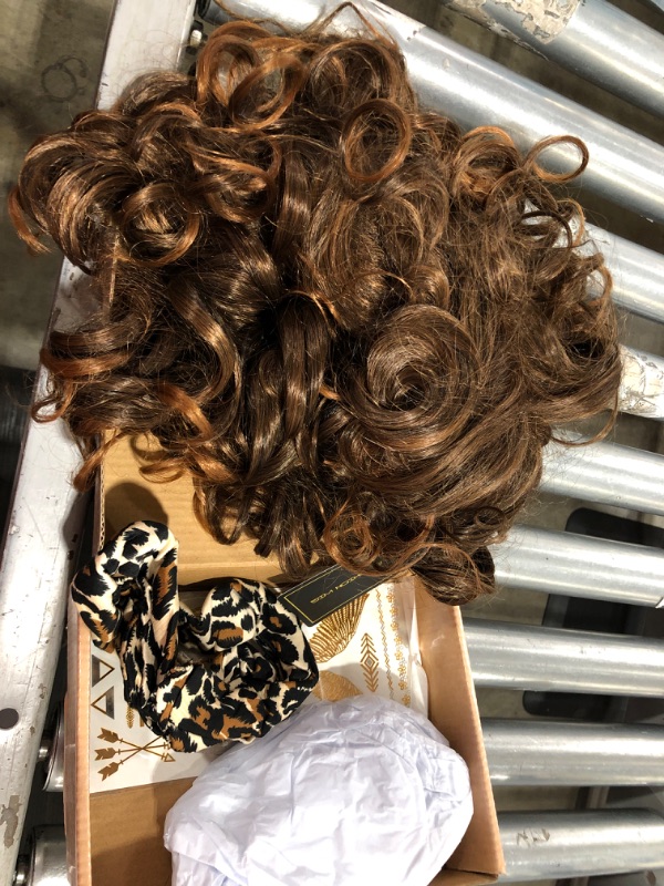 Photo 2 of KEAT Brown Mixed Blonde Curly Wigs for Black Women Short Afro Kinky Curly Wig with Bangs Synthetic Hair Replacement Wigs Natural Looking Pixie Heat Resistant for Daily Party K016BM
