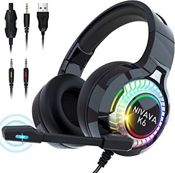 Photo 1 of Nivava K6 Pro Gaming Headset for PS4, PS5, PC Headset with Noise Cancelling Microphone, Colorful Marquee Light & Soft Earmuffs, Compatible with Nintendo Switch, Mac, Computer, Laptop