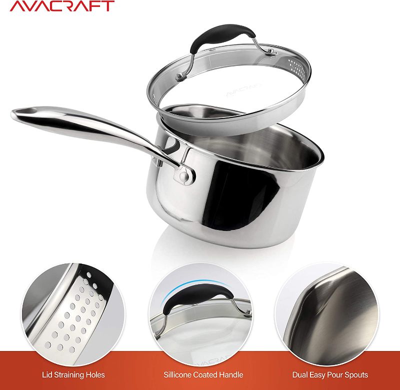 Photo 1 of AVACRAFT Tri-Ply Stainless Steel Saucepan with Glass Strainer Lid, Two Side Spouts, Ergonomic Handle, Multipurpose Sauce Pan with Lid, Sauce Pot, Cooking Pot (Tri-Ply Full Body, 2.5 Quart)
