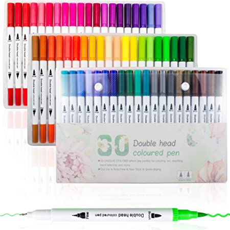 Photo 1 of 60 Dual Tip Marker Pens, Fineliner and Watercolor Brush Pens for Art Sketching Illustration Calligraphy Permanent Highlighter Bullet Journal Drawing Coloring