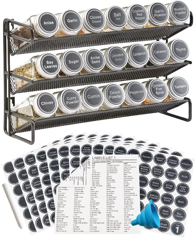 Photo 1 of 3 Tier Spice Rack Organizer with 21 Empty Spice Jars, 386 Spice Labels, Chalk Marker and Funnel Set for Countertop Cabinet Pantry or Wall Door Mount - Black
