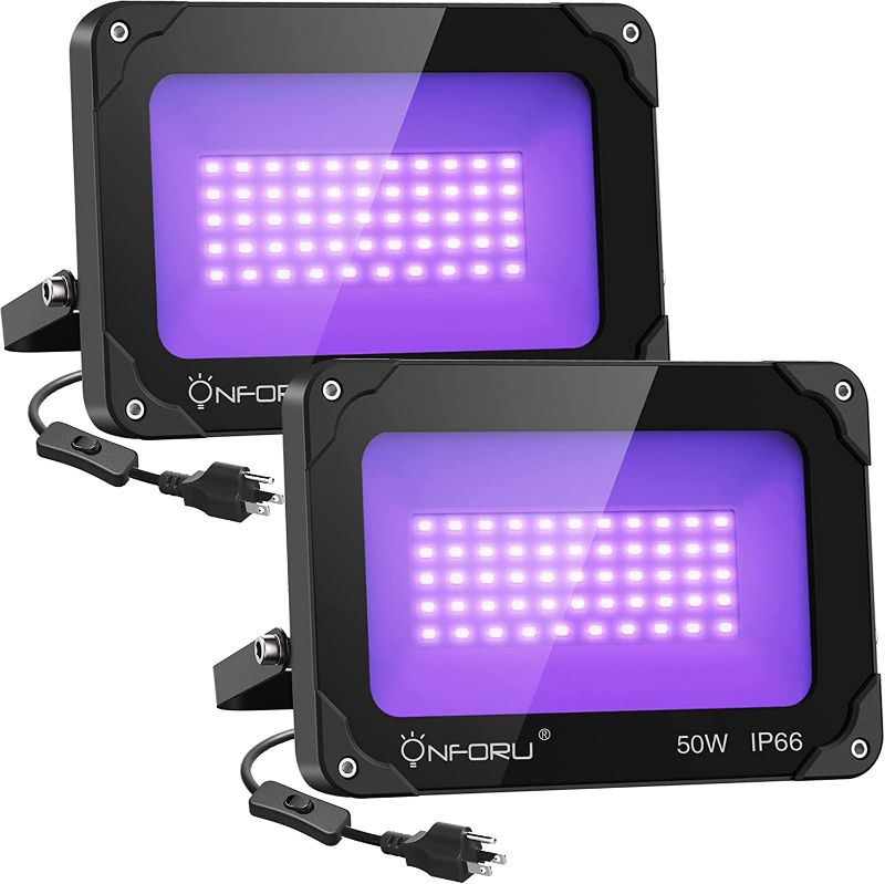 Photo 1 of Onforu 2 Pack 50W LED Black Lights, Blacklight Flood Light with Plug, IP66 Waterproof Black Lights for Dance Party, Glow in The Dark, Stage Lighting, Body Paint, Fluorescent Poster, Neon Glow
