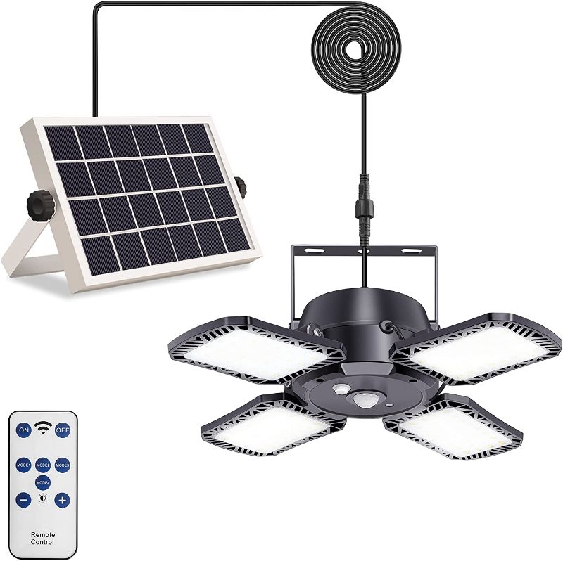 Photo 1 of Solar Pendant Lights Yomisga Solar Indoor/Outdoor Light with Motion Sensor, 4 Lighting Modes with Remote Control, 128 LED 1000LM Solar Powered Shed Lamp for Garage Shop Barn Home House Porch
