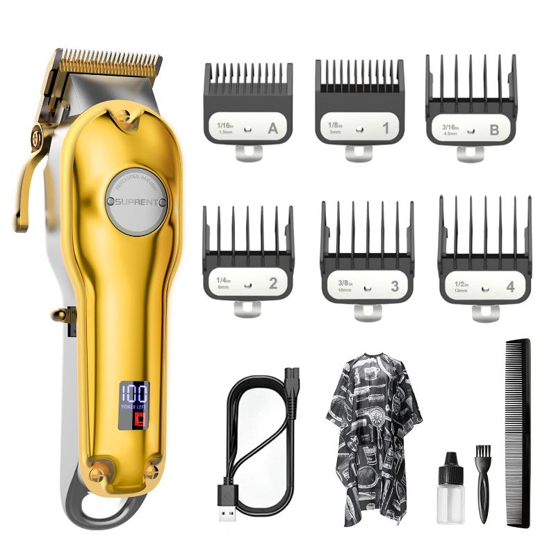 Photo 1 of SUPRENT Hair Clippers for Men, Professional Cordless Clippers for Hair Cutting with 6 Durable Metal Guide Combs, Hair Trimmer Barbers Grooming Kit Rechargeable, LED Display, Gold
