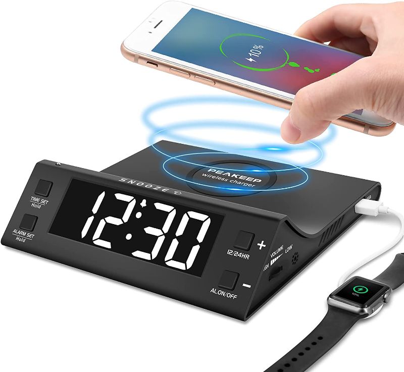 Photo 1 of Peakeep Wireless Charging Alarm Clock USB Charger, 15W Fast Wireless USB Charger, Electric Plug Digital Alarm Clock Adjustable Volume Dimmer LED for Bedrooms Bedside
