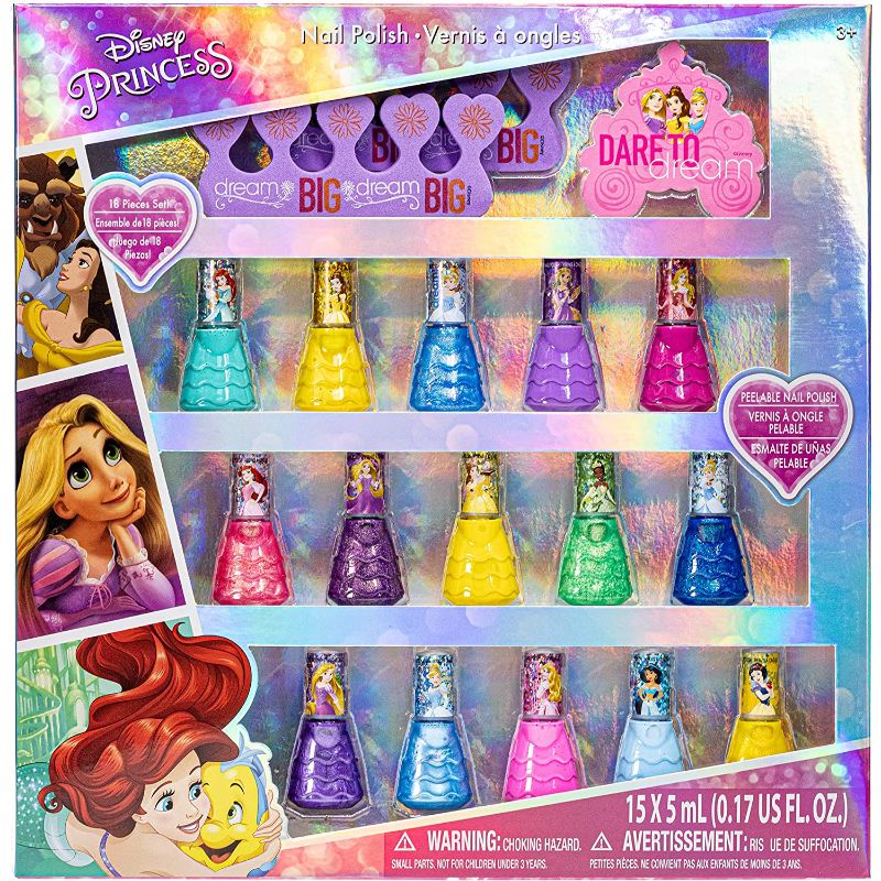 Photo 1 of Disney Princess - Townley Girl Non-Toxic Peel-Off Water-Based Natural Safe Quick Dry Nail Polish| Gift Kit Set for Kids Girls| Glittery and Opaque Colors| Ages 3+ (18 Pcs)
