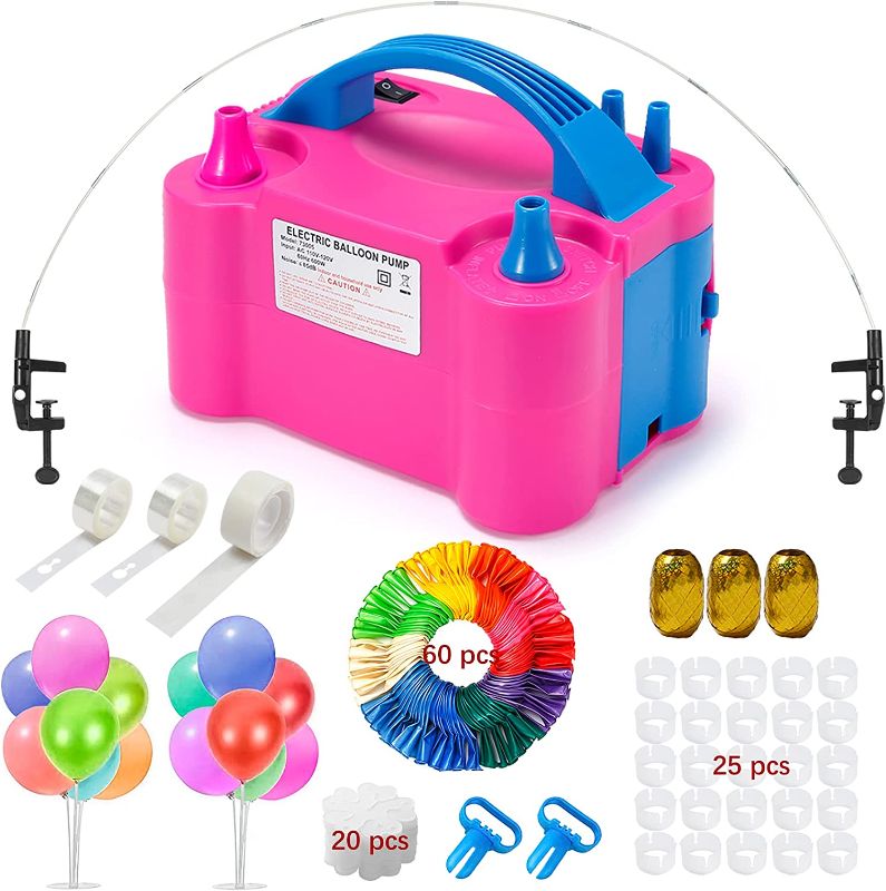 Photo 1 of Balloon Pump, Electric Balloon Inflator 120 PCS Balloon Pump Electric 110V 600W Electric Balloon Blower Electric Balloon Air Pump with 12 ft Table Balloon Arch Kit,2 Packs Balloon Stands,60 PCS Balloons, 20 Flower Clips and More for Party Decoration Birth