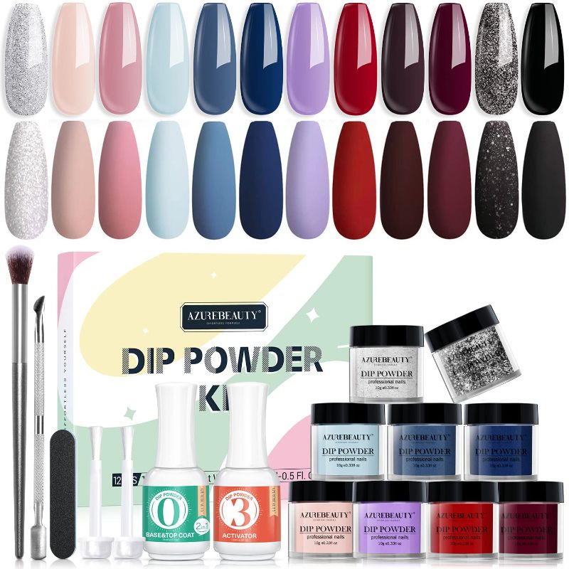 Photo 1 of 19Pcs AZUREBEAUTY Dip Powder Nail Kit Starter 12 Colors, Pink Blue Nude Winter Dipping Powder System Essential Liquid Set with 2-in-1 Base/Top Coat Ativator for French Nail Art Manicure Salon DIY Home

